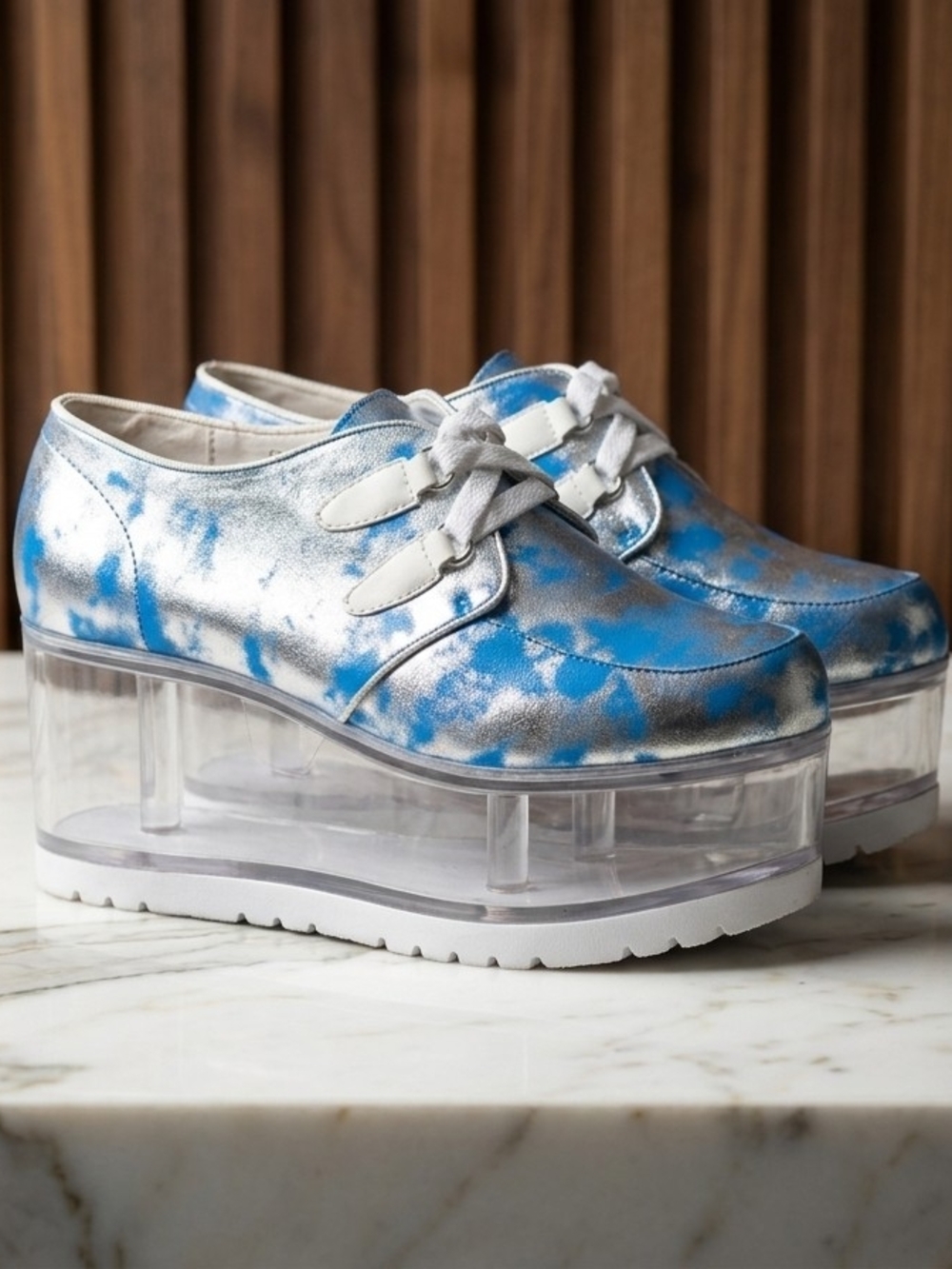 YRU Silver and Blue Cloud Platform Lace-Up Shoes